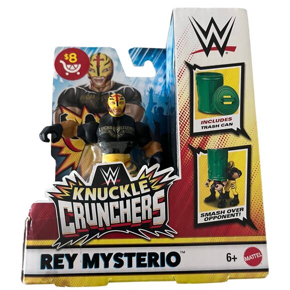 WWE Knuckle Crunchers - Figura Rey Mysterio 10 Cm Con Accessorio Pattumiera